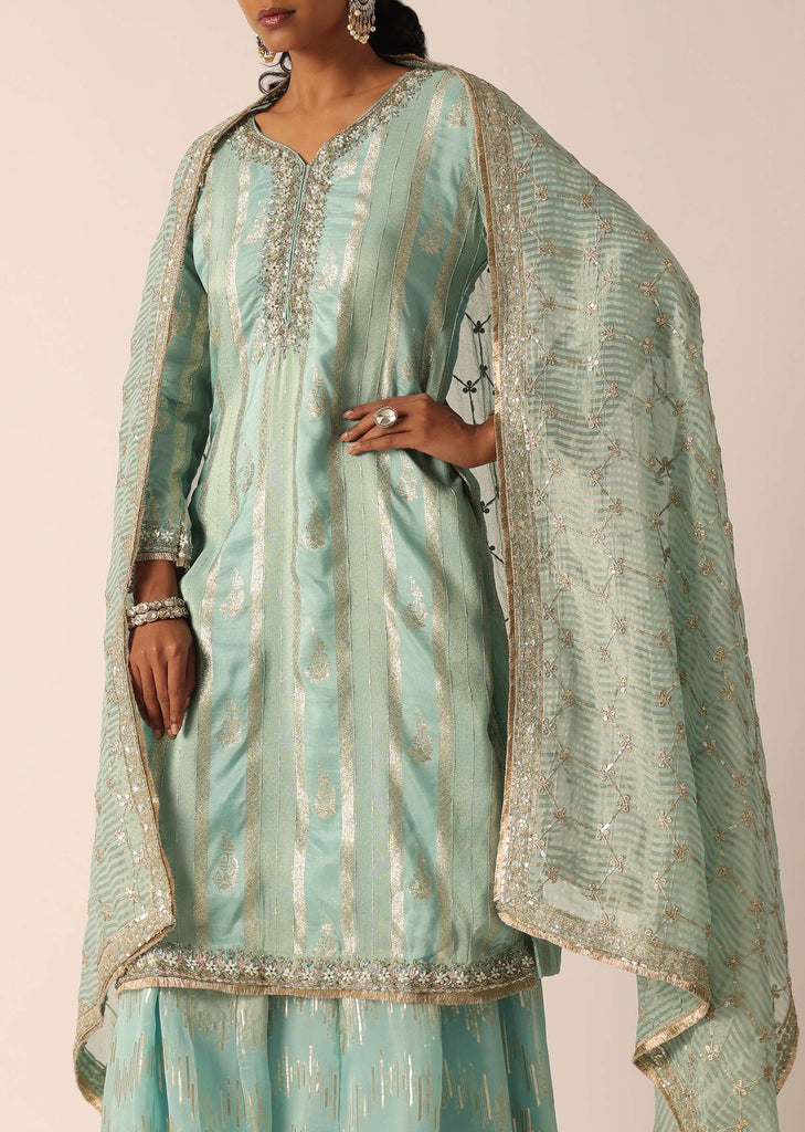 Blue Chanderi Embroidered Kurta And Skirt Set