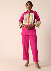 Pink Cotton Pant Set With Patchwork Detail