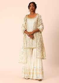 Beige Kurta Sharara Set With Foil Mirror Work