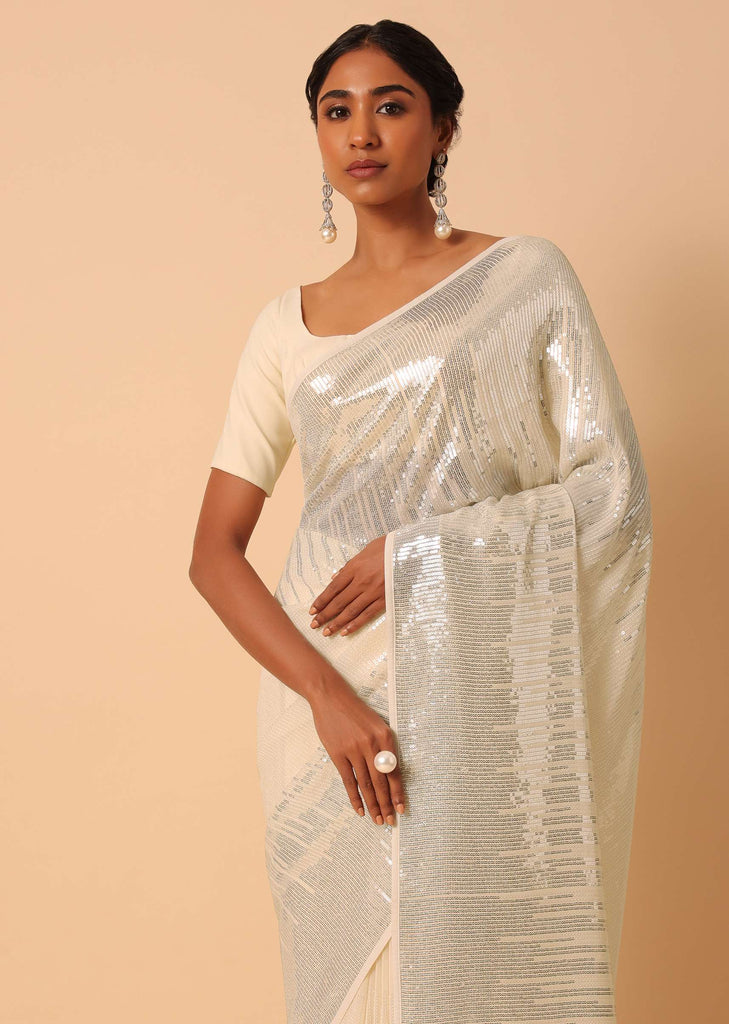 White Georgette Sequin Saree With Unstitched Blouse Piece