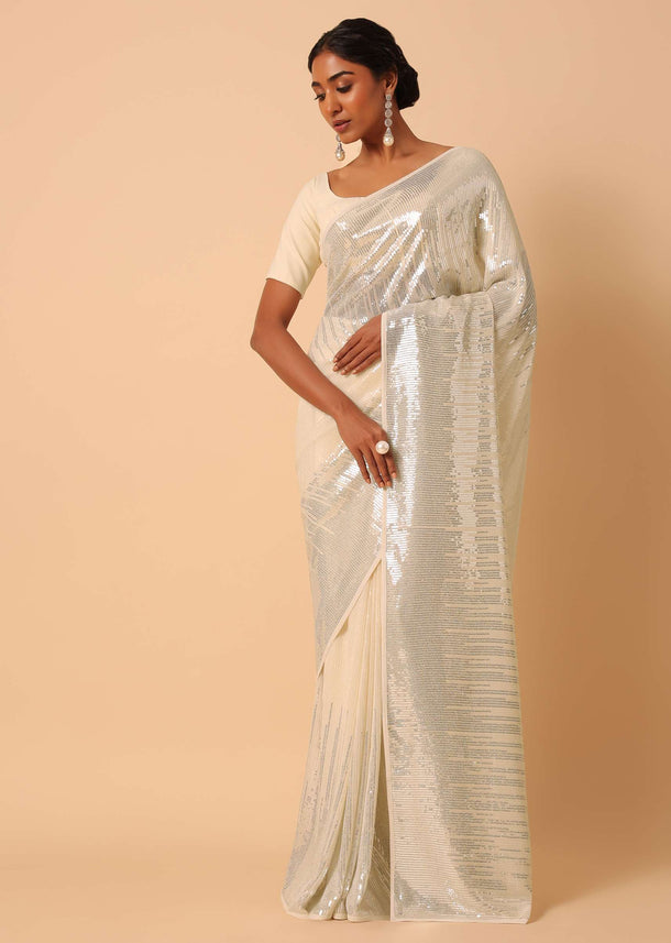 White Georgette Sequin Saree With Unstitched Blouse Piece