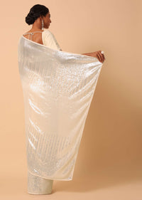 White Georgette Sequin Saree With Unstitched Blouse Piece