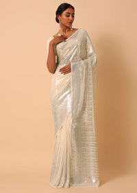 White Georgette Sequin Saree With Unstitched Blouse Piece