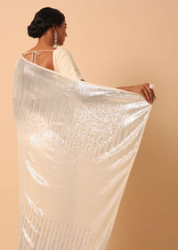 White Georgette Sequin Saree With Unstitched Blouse Piece