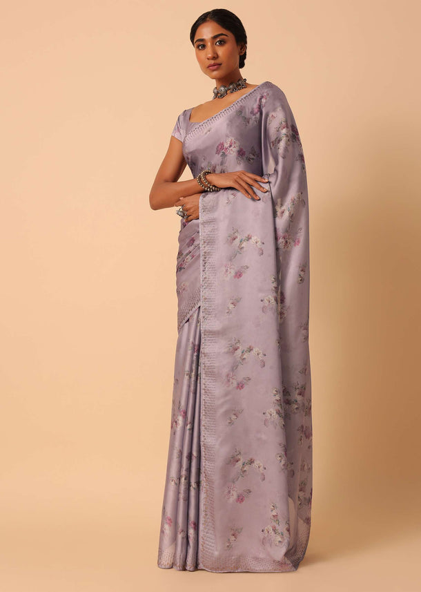 Purple Satin Floral Print Saree With Swarovski Work And Unstitched Blouse Piece