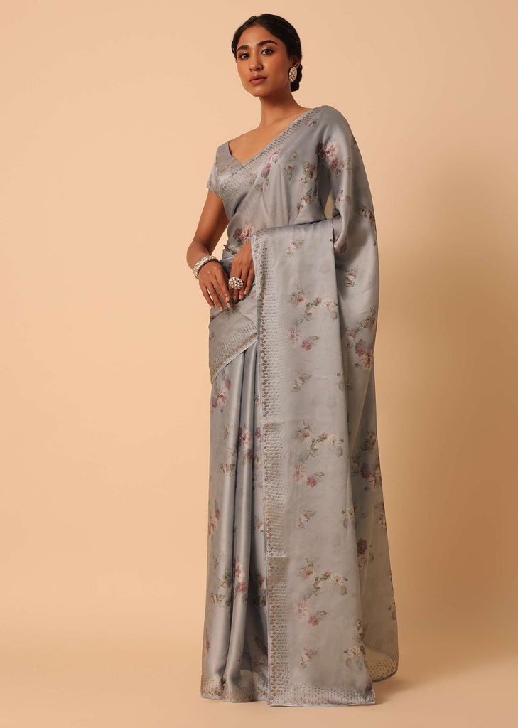 Grey Saree In Satin With Floral Prints And Unstitched Blouse Piece