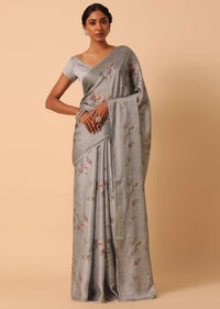 Grey Saree In Satin With Floral Prints And Unstitched Blouse Piece