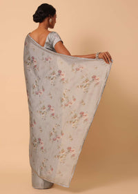 Grey Saree In Satin With Floral Prints And Unstitched Blouse Piece