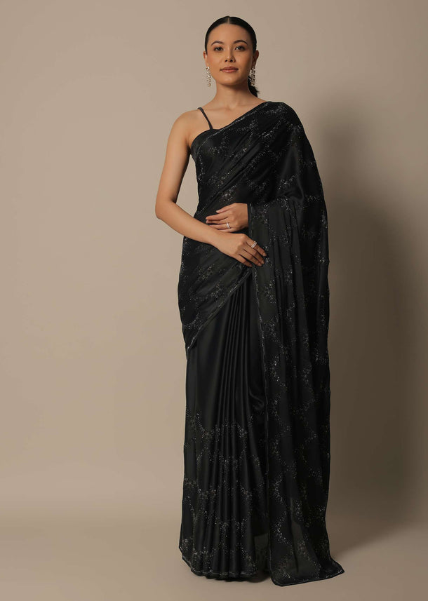 Elegant Black Satin Saree With Unstitched Blouse