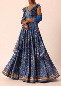 Blue Printed Lehenga Set In Silk