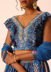 Blue Printed Lehenga Set In Silk