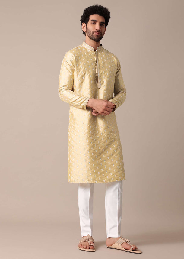 Gold Silk Kurta Set For Men With Threadwork Buttis