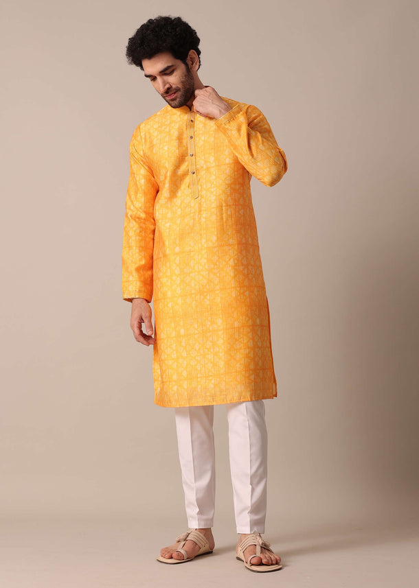 Yellow Chanderi Silk Print Kurta Set For Men