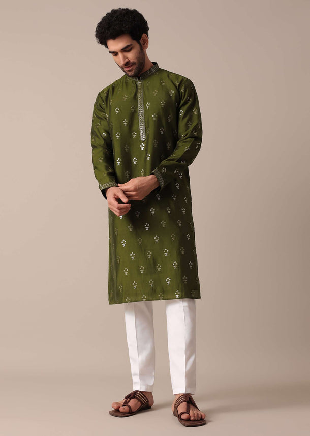 Green Chanderi Men Kurta Set