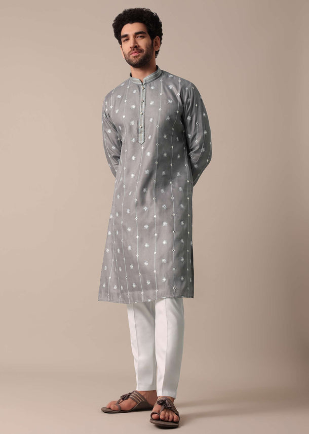 Grey Silk Men Kurta Set With Zari Embellishments