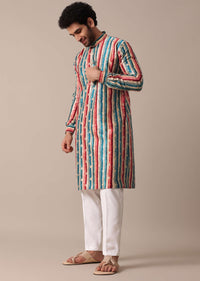 Multi-Colored Modern Print Silk Kurta Set