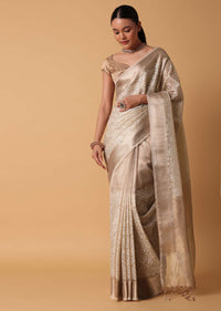 Gold Chanderi Kora Silk Saree With Zari Work Pallu And Unstitched Blouse Piece