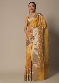 Mustard Kora Silk Saree With Multi-Color Thread Work