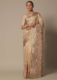 Beige Kora Silk Saree With Multi Color Thread Work