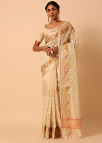 Beige Saree In Kora Silk With Floral Motif Multicolor Thread Work And Unstitched Blouse Piece