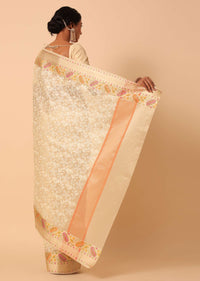 Beige Saree In Kora Silk With Floral Motif Multicolor Thread Work And Unstitched Blouse Piece