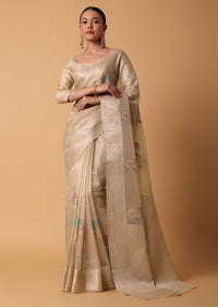 Gold Kora Silk Chanderi Saree With Resham Thread Motifs And Unstitched Blouse Piece