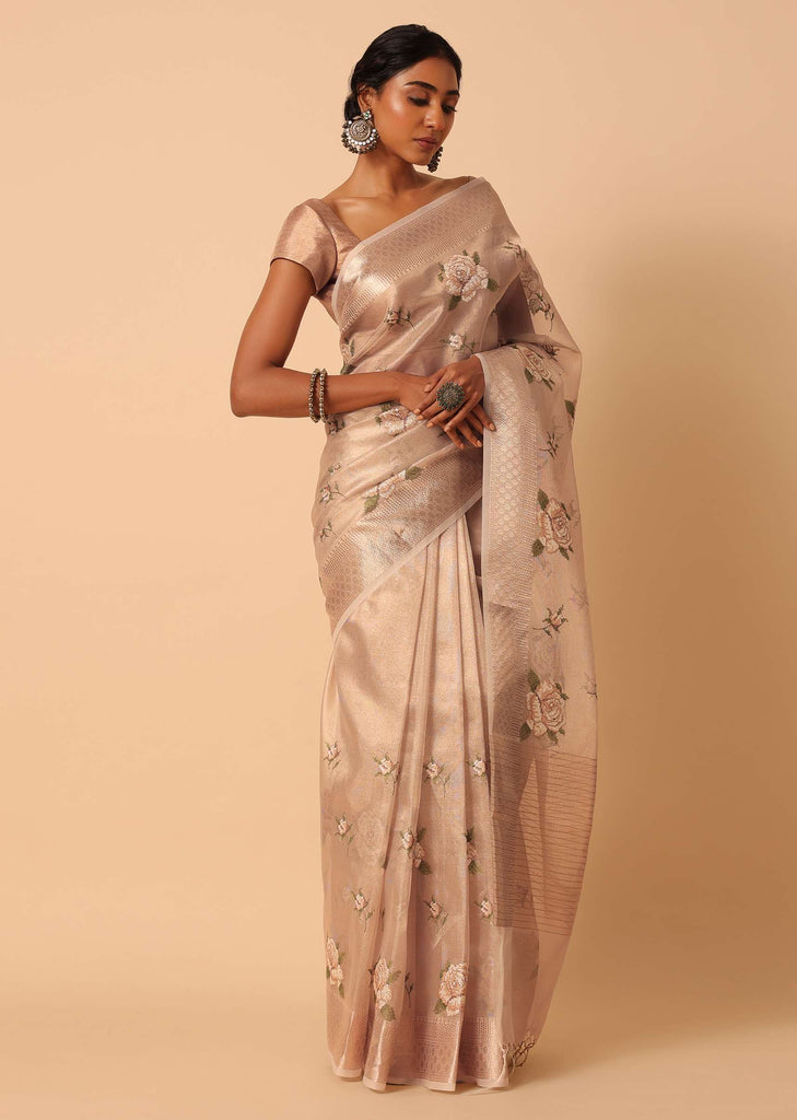 Gold Kora Silk Saree With Floral Motif Multicolor Thread Work And Unstitched Blouse Piece