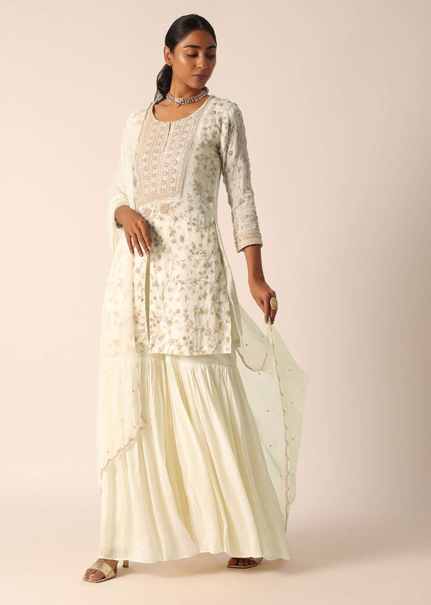 White Chiffon Kurta Sharara Set With Sequin Work