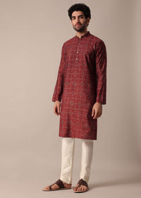 Elegant Red Jaipur Bandhani Print Men Kurta Set