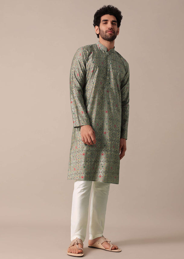 Elegant Grey Jaipur Print Men Kurta Set