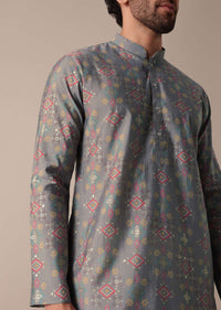 Festive Grey Jaipur Print Cotton Men Kurta Set