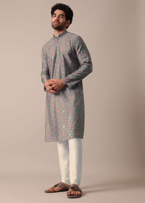 Festive Grey Jaipur Print Cotton Men Kurta Set