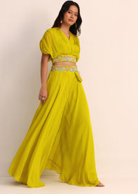 Green Chiffon Crop Top And Palazzo With Resham Work