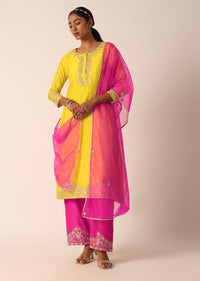 Yellow Embroidered Kurta Set With Organza Dupatta And Gota Patti Work