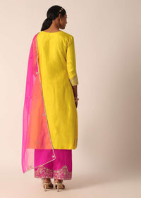 Yellow Embroidered Kurta Set With Organza Dupatta And Gota Patti Work