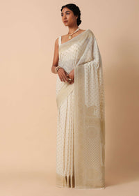 Ivory Kanjeevaram Dola Silk Saree With Unstitched Blouse Fabric