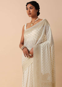 Ivory Kanjeevaram Dola Silk Saree With Unstitched Blouse Fabric