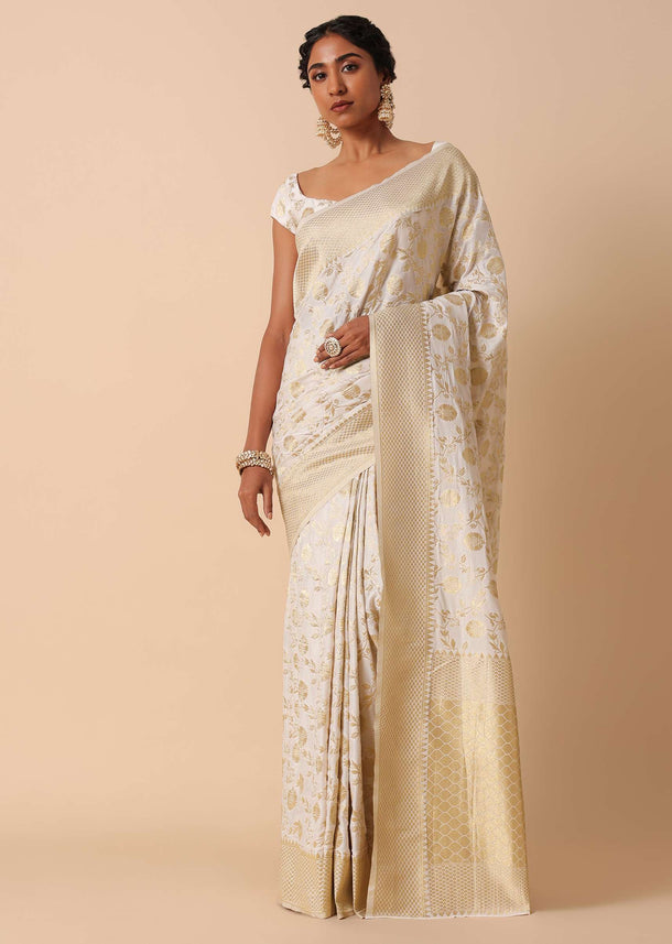 White Kanjeevaram Dola Silk Saree With Unstitched Blouse