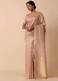 Rose Pink Kanjeevaram Dola Silk Saree With Unstitched Blouse