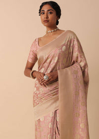 Rose Pink Kanjeevaram Dola Silk Saree With Unstitched Blouse