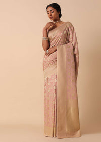 Rose Pink Kanjeevaram Dola Silk Saree With Unstitched Blouse