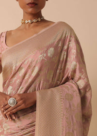 Rose Pink Kanjeevaram Dola Silk Saree With Unstitched Blouse