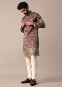 Brown Daman Print Silk Kurta Set For Men