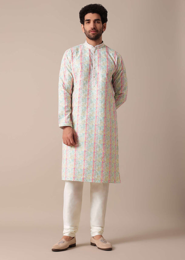 Multi-Colored Silk Kurta Set For Men