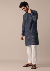 Blue Festive Jaipur Print Men Kurta Set