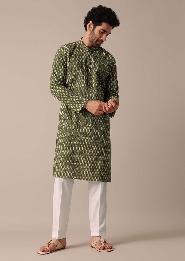 Green Cotton Jaipur Print Men Kurta Set