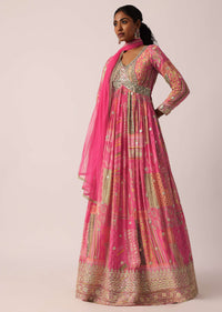 Pink Gota Patti Embroidered Anarkali Set In Silk Crepe