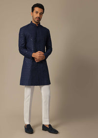 Navy Blue Cotton Kurta Set With Lucknowi Detail