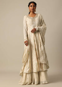 Beige Lucknowi Kurta Skirt Set With Sequin Work