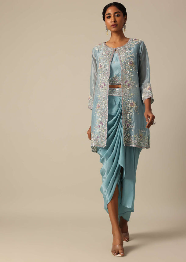 Ice Blue Organza Jacket And Dhoti Set